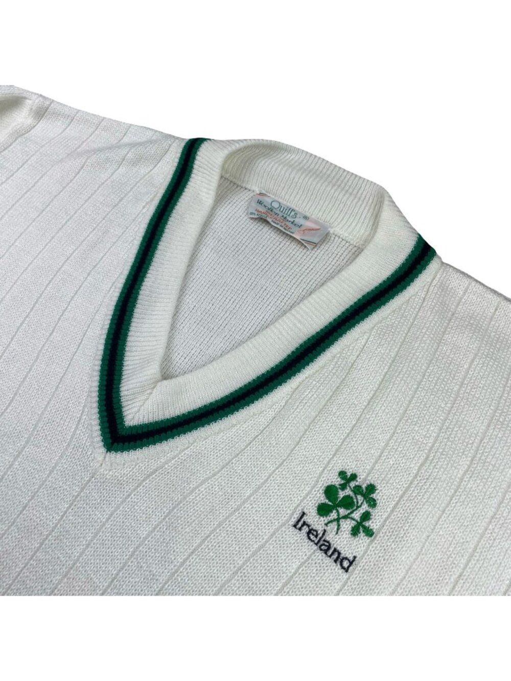 Quill's Woollen Market Men's 100% Acrylic Sweater Ivory/Green • Ireland • XL